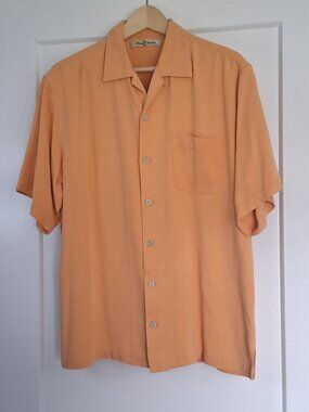 Tommy Bahama Mens Medium 100% Silk Camp Shirt Peach Button Up Short Sleeve